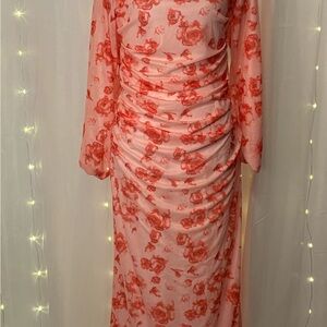Ruched Long-Sleeve Floral Maxi Dress in Pink and Coral Roses